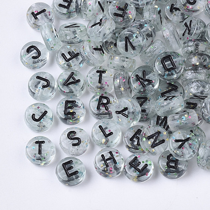 Transparent Acrylic Beads, with Glitter Powder, Mixed Letters, Flat Round, Clear