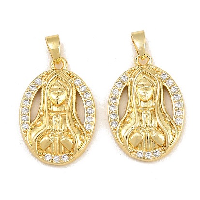 Латунные микропаве прозрачные подвески с фианитом, овал с подвесками Девы Марии