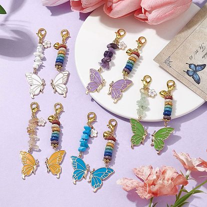 Butterfly Alloy Enamel Pendants Decoraiton, Gemstone Chip & Natural Lava Rock Beads and Lobster Claw Clasps Charm