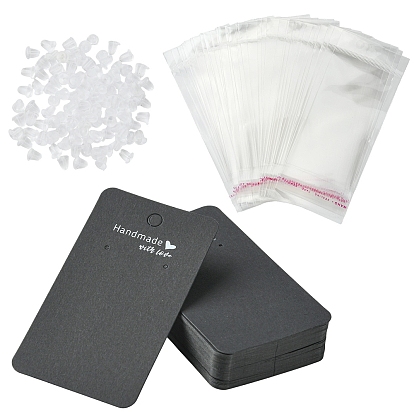 50Pcs Rectangle with Word Cardboard Earring Display Cards, with 50Pcs Clear OPP Cellophane Bags and 100Pcs Ear Nuts