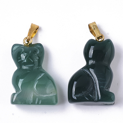Natural Agate Pendants, with Golden Plated Metal(Brass or Iron Materials Random Delivery) Snap On Bails, Dyed, Cat Shape