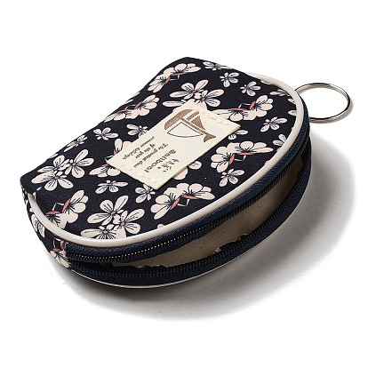 Flower Print Cotton Cloth Wallets with Alloy Zipper, Semicircle with Iron Ring