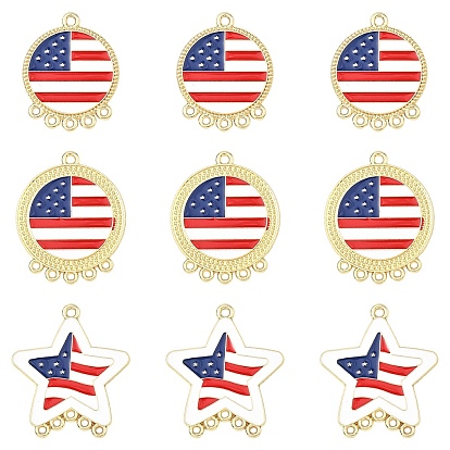 10Pcs 2 Styles Independence Day Alloy Enamel Chandelier Component Links, Blue White and Red, Star and Flat Round