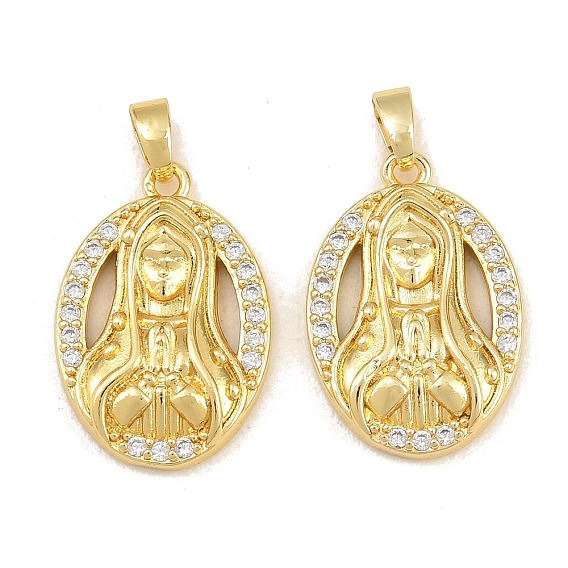 Brass Micro Pave Clear Cubic Zirconia Pendants, Oval with Virgin Mary Charms