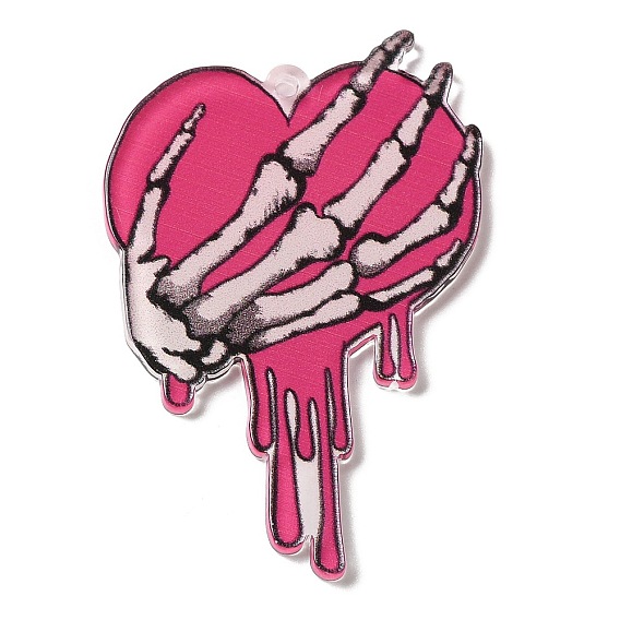Printed Acrylic Pendants, Valentine's Day, Heart with Skeleton Hand charms