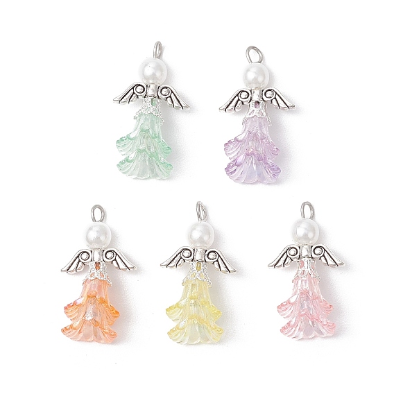Ангел подвески, с круглыми бусинами из АБС-пластика с имитацией жемчуга, акриловыми бусинами, 304 булавками для глаз из нержавеющей стали, бусинами в виде крыльев феи из сплава и железными колпачками для бусин