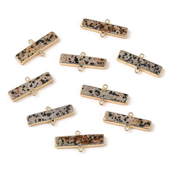 Натуральные далматинские подвески-коннекторы, Прямоугольные звенья золотистого цвета с латунной окантовкой и железными петлями