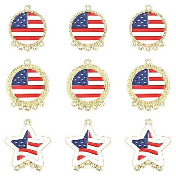 10Pcs 2 Styles Independence Day Alloy Enamel Chandelier Component Links, Blue White and Red, Star and Flat Round