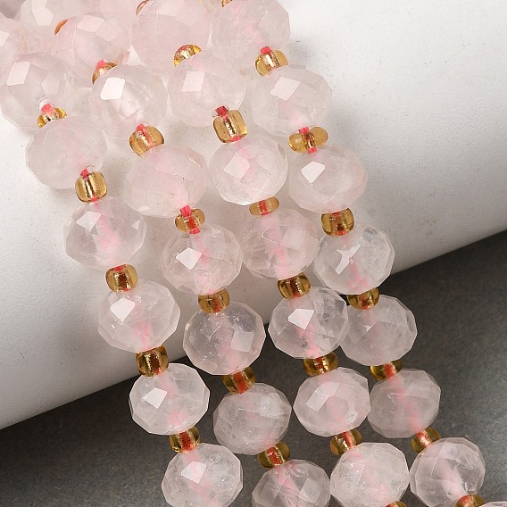 Natural Rose Quartz Beads Strands, Faceted Rondelle Beads, with Seed Beads