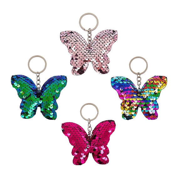 Keychain, with Plastic Paillette Beads, Iron Key Ring and Chain, Butterfly