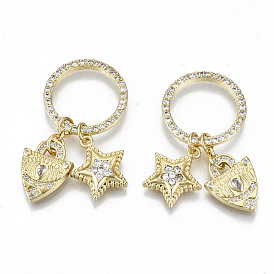 Brass Micro Pave Clear Cubic Zirconia Pendants, Nickel Free, Rings with Triangle with Star