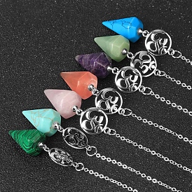 Natural & Synthetic Gemstone Dowsing Pendulum Big Pendants, with Platinum Plated Brass Findings, Cone Charm