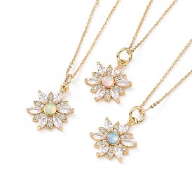 Collar de latón de zirconia cúbica, con el ópalo sintético, Cadena de cable y ganchos de pinza de langosta., flor