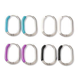 Oval Ion Plating(IP) 304 Stainless Steel Hoop Earrings for Women, with Enamel, Stainless Steel Color