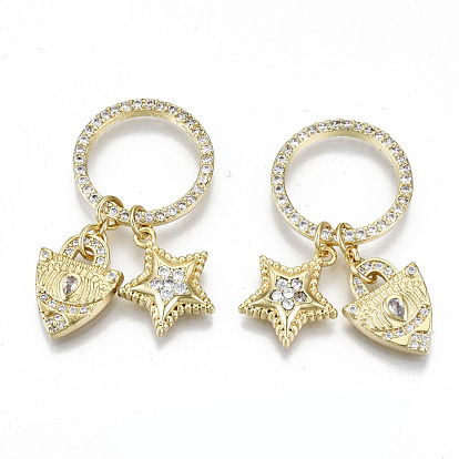 Brass Micro Pave Clear Cubic Zirconia Pendants, Nickel Free, Rings with Triangle with Star