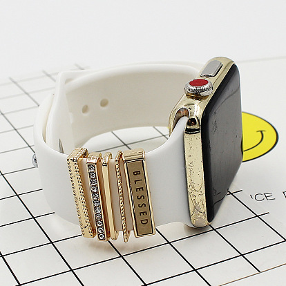 Word Blessed Alloy Watch Band Charms Set, Rectangle Rhinestones Watch Band Decorative Ring Loops