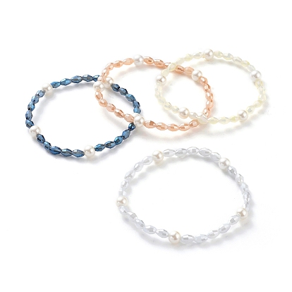 Electroplate Glass Beads Stretch Bracelets, with Glass Pearl Round Beads