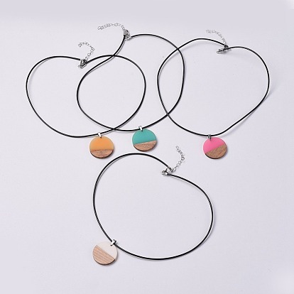 Collares colgantes de resina y madera, con cordón de cuero de vaca y 304 hallazgos de acero inoxidable, plano y redondo