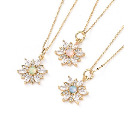 Collar de latón de zirconia cúbica, con el ópalo sintético, Cadena de cable y ganchos de pinza de langosta., flor