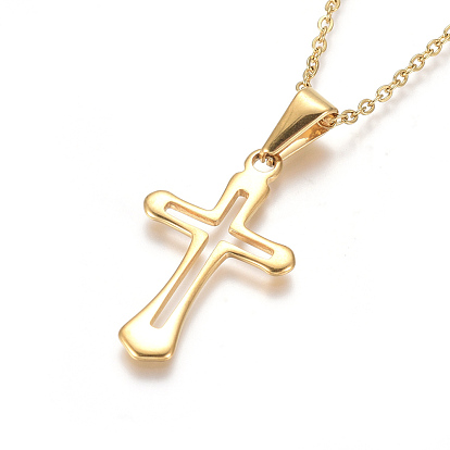 304 Stainless Steel Pendant Necklaces, with Cable Chains and Lobster Claw Clasps, for Religion, Cross