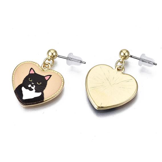 Boucles d'oreilles pendantes chaton en alliage, avec l'émail, broches et écrous d'oreille en acier inoxydable respectueux de l'environnement, imprimé, coeur avec chat