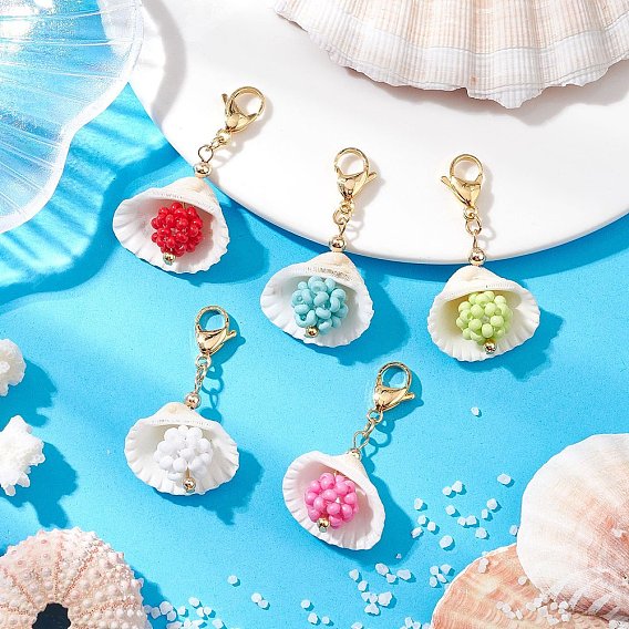 Подвески из натуральных ракушек, со стеклянными бисером и 304 застежками-клешнями из нержавеющей стали, раковина