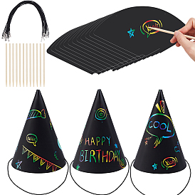 Chapeau d'anniversaire à faire soi-même, art en papier à gratter arc-en-ciel, avec carte papier, corde et bâtons de bois