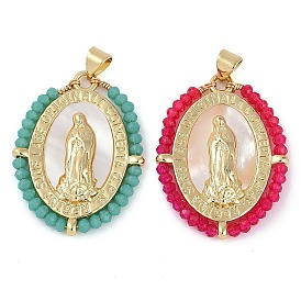 Brass Micro Pave Cubic Zirconia Pendants, with Shell, Long-Lasting Plated, Lead Free & Cadmium Free, Real 18K Gold Plated, Oval with Virgin Mary