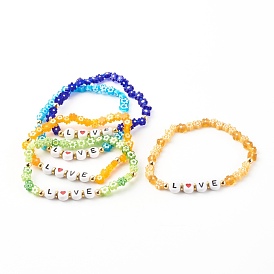 Bracelets extensibles en perles de verre millefiori faits à la main pour la saint valentin, avec des perles acryliques, mot d'amour, fleur, or