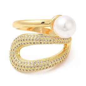 Rack Plating Brass Teardrop Cuff Ring with Plastic Pearl Beaded, Cubic Zirconia Ring, Lead Free & Cadmium Free