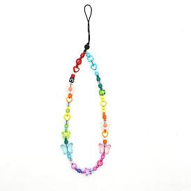 Rainbow Color Butterfly & Heart & Flower Bead Chain Mobile Straps, Enamel & Plastic Anti-Lost Cellphone Wrist Lanyard, for Car Key Purse Phone Supplies