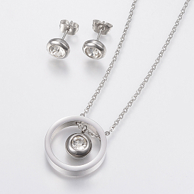 304 Stainless Steel Jewelry Sets, Necklaces and Stud Earrings, with Rhinestone, Lobster Claw Clasps, Flat Round
