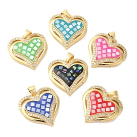 Heart Brass Micro Pave Cubic Zirconia Pendants, with Enamel & Shell, Long-Lasting Plated, Lead Free & Cadmium Free, Real 18K Gold Plated