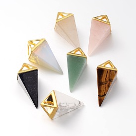 Gemstone Point Pendulum Pendants, with Golden Plated Brass Findings, 30~34x15x15mm, Hole: 5x6mm