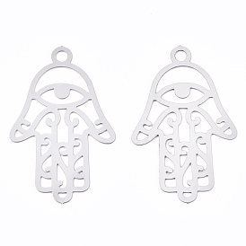 201 Stainless Steel Filigree Pendants, Etched Metal Embellishments, Hamsa Hand/Hand of Fatima/Hand of Miriam with Eye