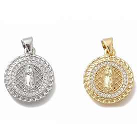 Латунные микро проложить кубического циркония подвески, плоские круглые с Девой Марией, без кадмия и без свинца, стойки покрытие, долговечный