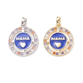 Rack Plating Brass Micro Pave Cubic Zirconia Pendants, with Enamel, Cadmium Free & Lead Free, Flat Round with Word Mama & Heart
