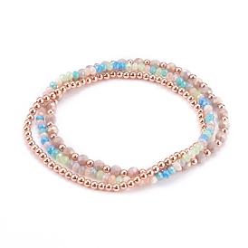 3Pcs 3 Styles Stretch Beaded Bracelets Sets, with Glass Beads and Rose Gold Plated Brass Beads, Rondelle & Round