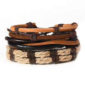 3Pcs Imitation Leather Multi-strand Bracelets, Stackable Bracelets for Men, with Jute Cords