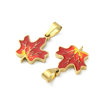 304 Stainless Steel Manual Polishing Pendants, with Enamel and 201 Stainless Steel Clasp, Maple Leaf Charms