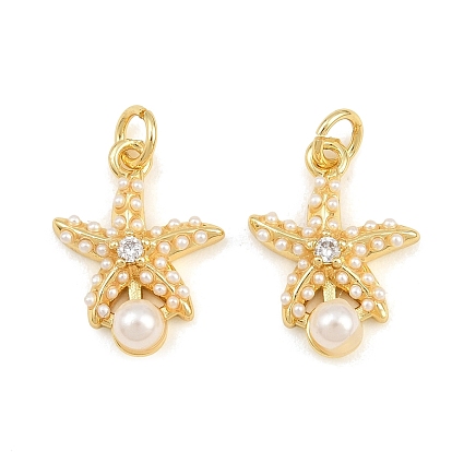 Brass Micro Pave Clear Cubic Zirconia Pendants, with ABS Imitation Pearl, Starfish Charms