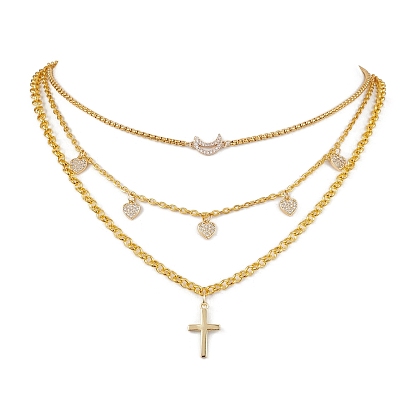 Brass & Stainless Steel Micro Pave Clear Cubic Zirconia Pendant Necklaces, 3 Layer Necklaces, Cross with Moon & Heart Charms