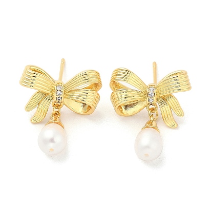 Серьги с подвесками из латуни с микропаве и прозрачным циркониевым покрытием для женщин, без кадмия и без свинца, долговечный, натуральный жемчуг, бантом