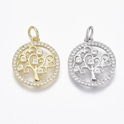 Brass Micro Pave Cubic Zirconia Pendants, with Jump Ring, Nickel Free, Ring with Tree, Clear