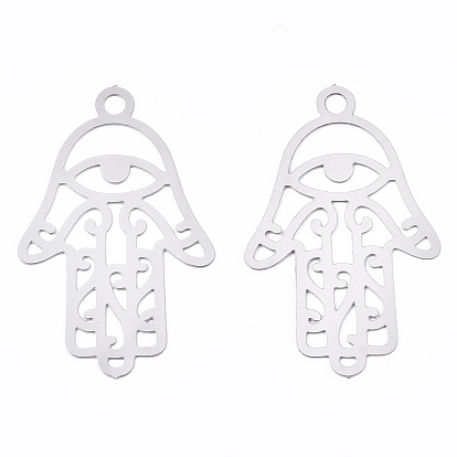 201 Stainless Steel Filigree Pendants, Etched Metal Embellishments, Hamsa Hand/Hand of Fatima/Hand of Miriam with Eye