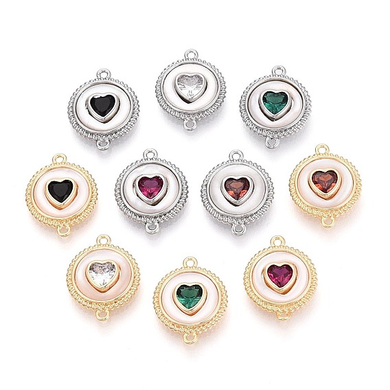 Подвески из латуни с инкрустацией кубическим цирконием и соединительными элементами в виде ракушек., плоский круглый с сердечками