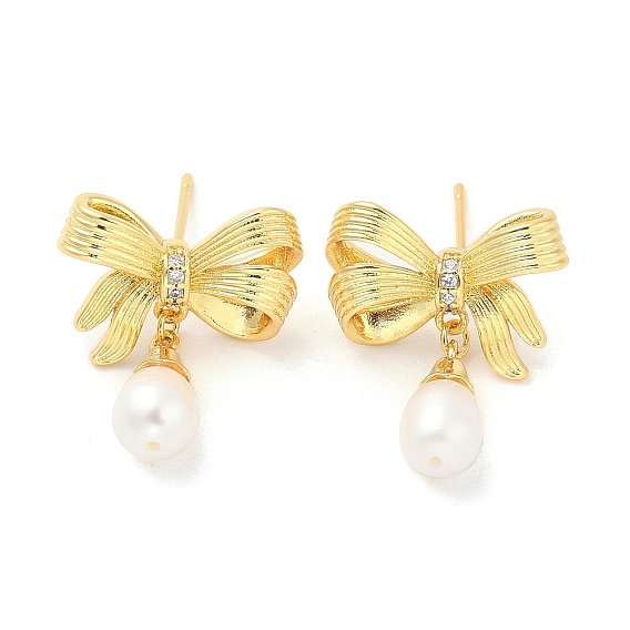 Серьги с подвесками из латуни с микропаве и прозрачным циркониевым покрытием для женщин, без кадмия и без свинца, долговечный, натуральный жемчуг, бантом