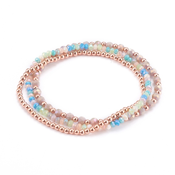 3 Stück 3 Stile Stretch-Perlen-Armbänder-Sets, mit Glasperlen und rosévergoldeten Messingperlen, Rondelle & Runde