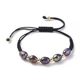 Braided Bead Bracelets, with Natural Cultured Freshwater Pearl Beads, Brass Beads and Nylon Thread