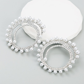 Exaggerated Circular Pearl Earrings with Water Diamond, High-end and Elegant